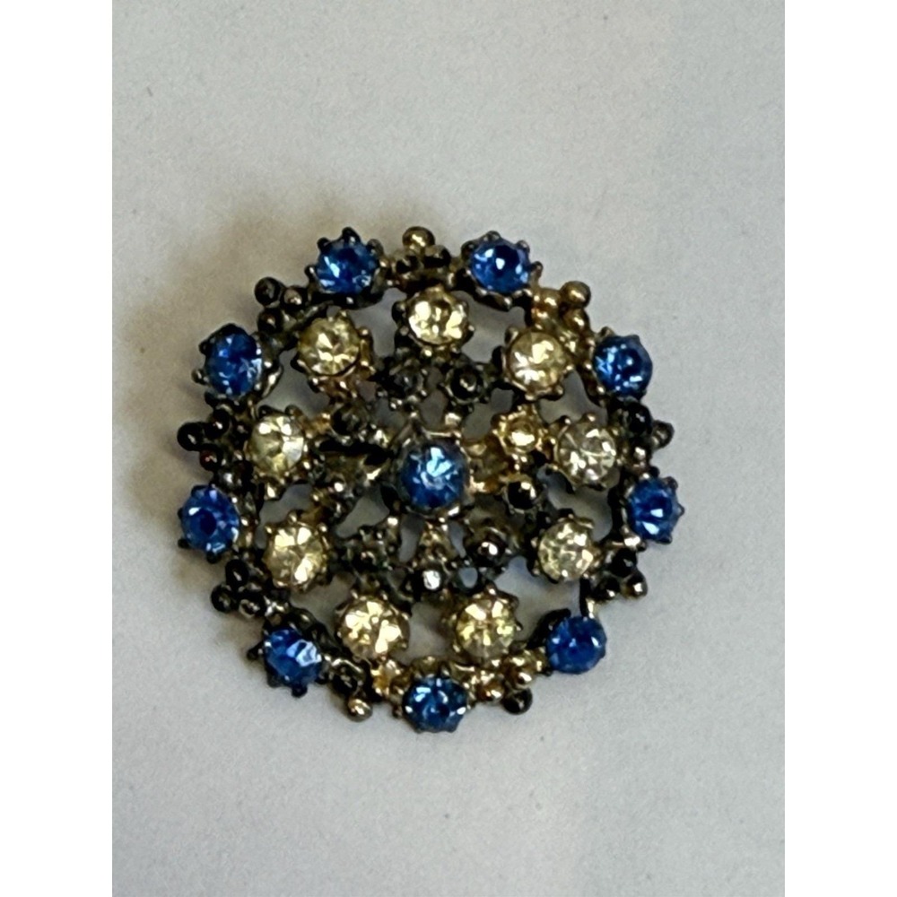 Filigree Gold Tone Glass Blue Clear Rhinestone Brooch 1.5" Starburst Vintage